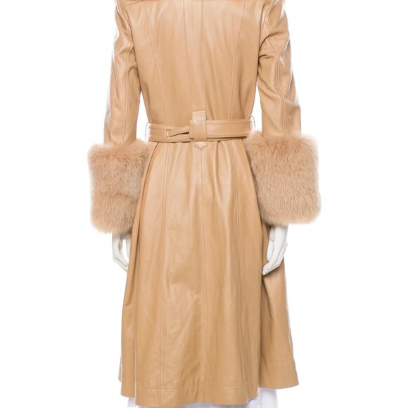 Saks Potts NEW Tan Leather & Fur Trench Coat: XS - Picture 3 of 4
